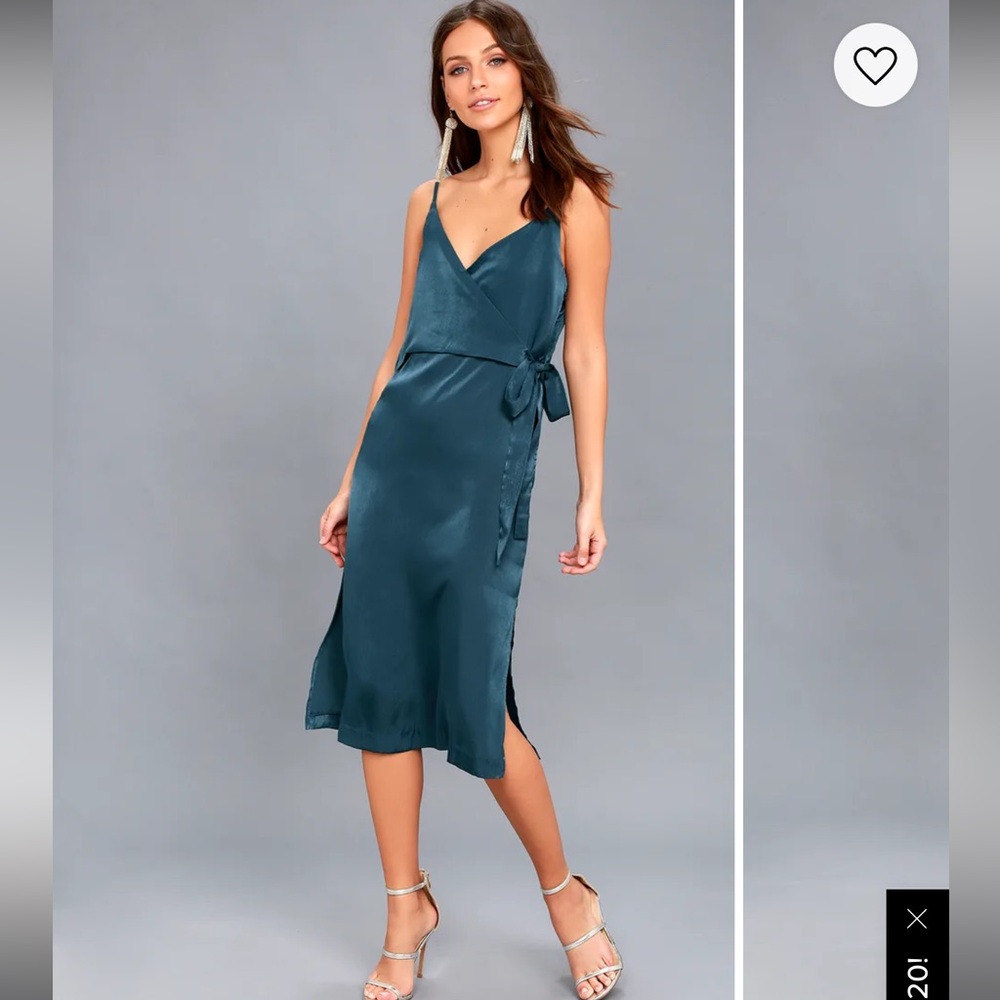 Lulus Fall in Love Teal Blue Satin Midi Wrap Dress